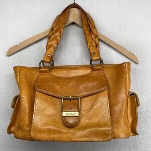EDDIE BAUER Handbag Cow Leather Braided Detail Satchel Shoulder Bag Tan Beige